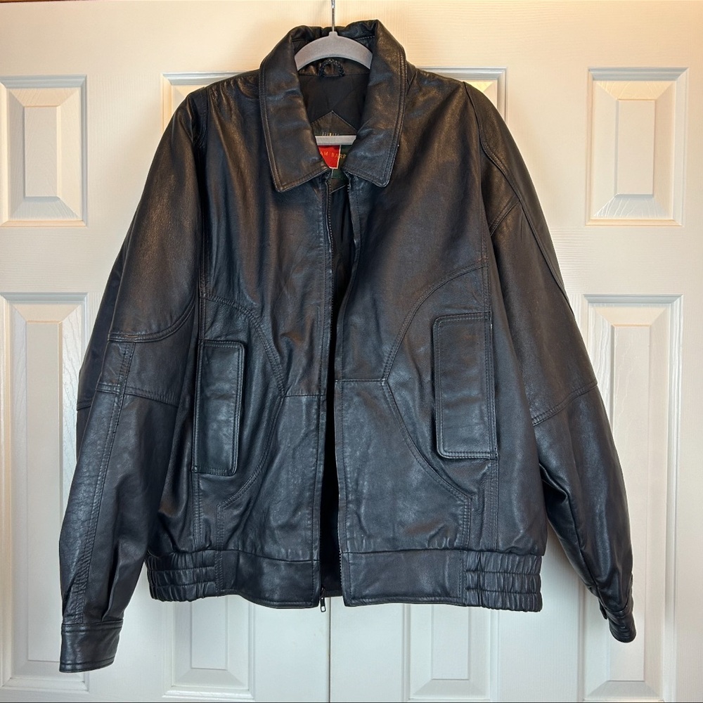 Vintage William Barry Black Genuine Leather Bomber Jacket
